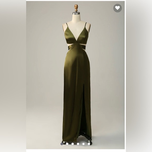Spaghetti Straps Cut Out Olive Long Bridesmaid Dress - Picture 1 of 2
